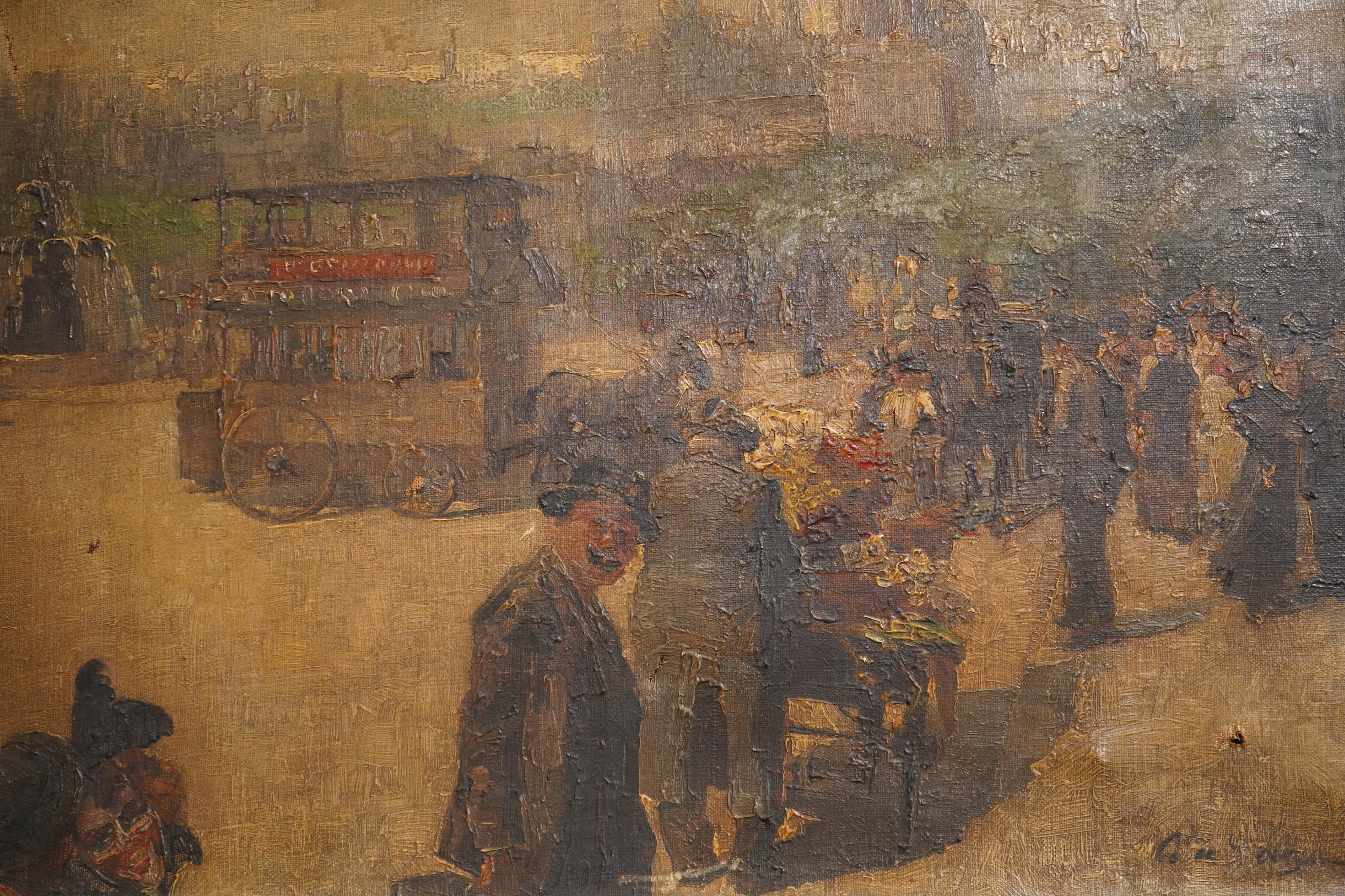 Impressionist School , Street scene with tram, fountain and triumphal arch, oil on canvas, 59 x 72cm